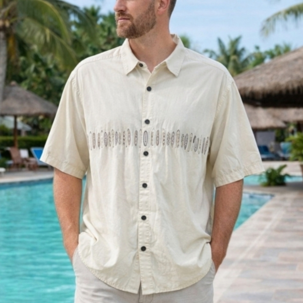 Reyn Spooner Button Down Shirt XL Cream Short Sleeve Casual